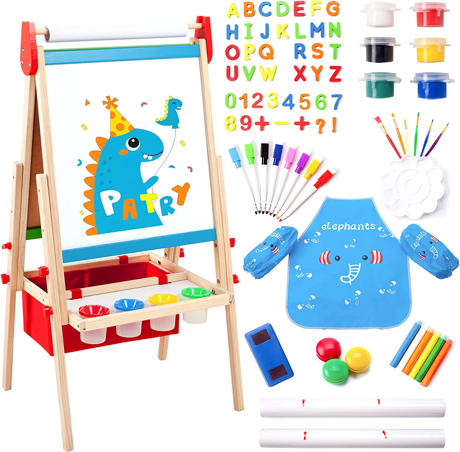 Wooden Art Easel for Kids Double Sided Easel with Paper Roll Height  Adjustable Standing Easel with Whiteboard Chalkboard Storage Bag Tray  All-in-One