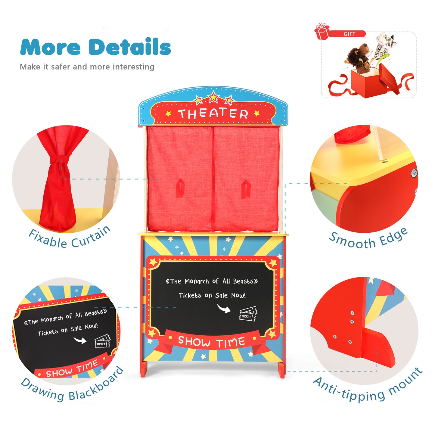 Wooden Puppet Theater Bonus 2 Hand Puppet, Rundad Double-Sided Lemonade Stand & Puppet Show Theater for Kids, Wood Deluxe Children Puppet Theatre Toy with Chalkboard