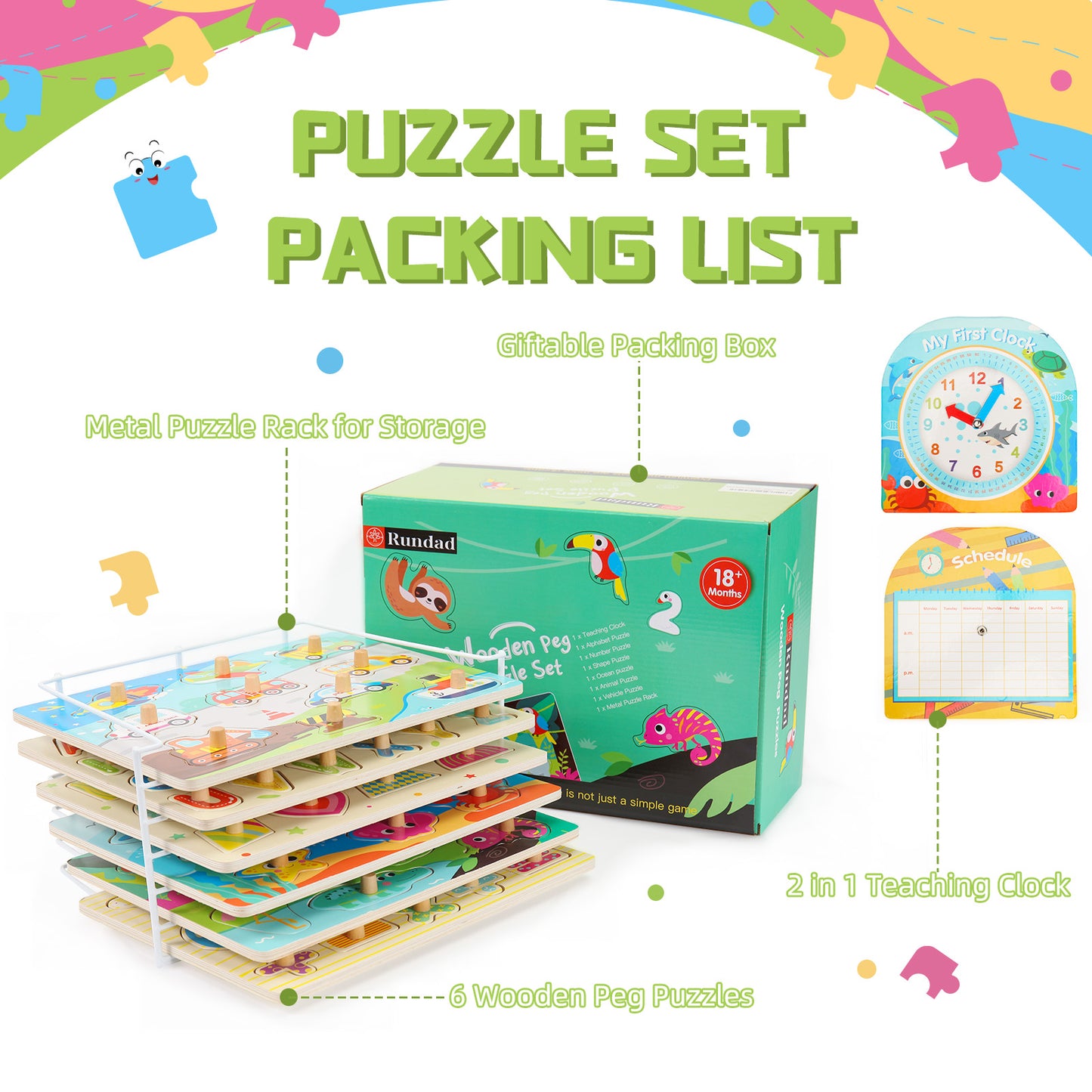 Rundad Toddler Puzzles and Rack Set, Wooden Peg Puzzle Bundle with Storage Holder & Teaching Clock, Educational Knob Puzzles for Kids Ages 2 3 4 5 Years - Alphabet Number Shape Animal Vehicle Sea
