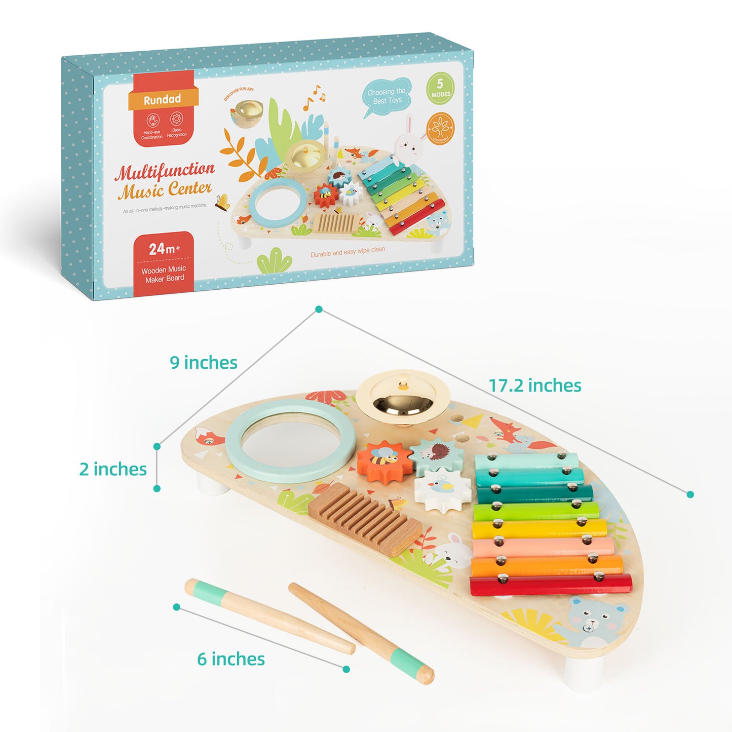 Baby Toys Musical Instruments, All-in-one Musical Toys for Toddlers 1-3 (Includes Xylophone Drum Cymbal Guiro Gears), Wooden Montessori Toys for 1 Year Old Boy & Girl by Rundad