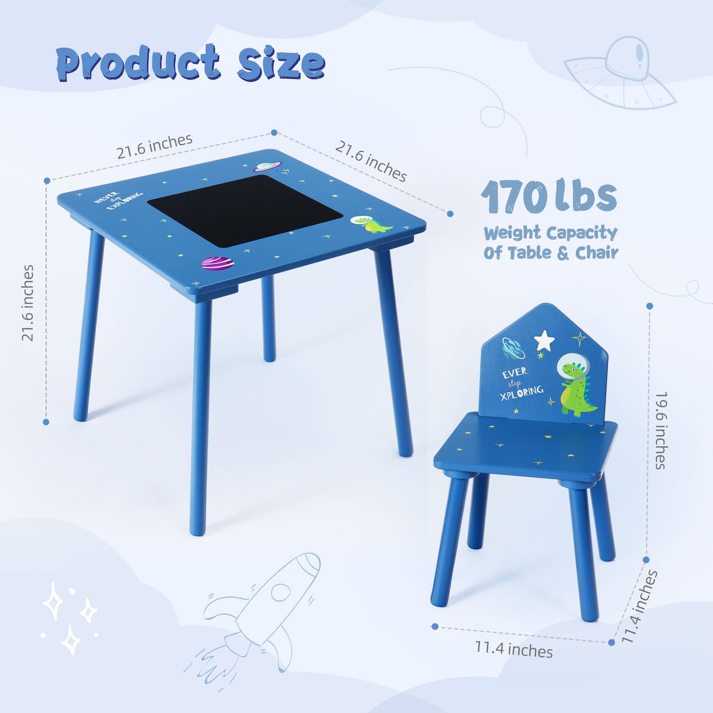 Rundad Kids Table and Chair Set with Chalkboard, Space Alien Theme Desk and Chairs for Toddler Boys 2-4 Year Old, Wooden Children Furniture Suit for Home & Classroom Drawing Reading