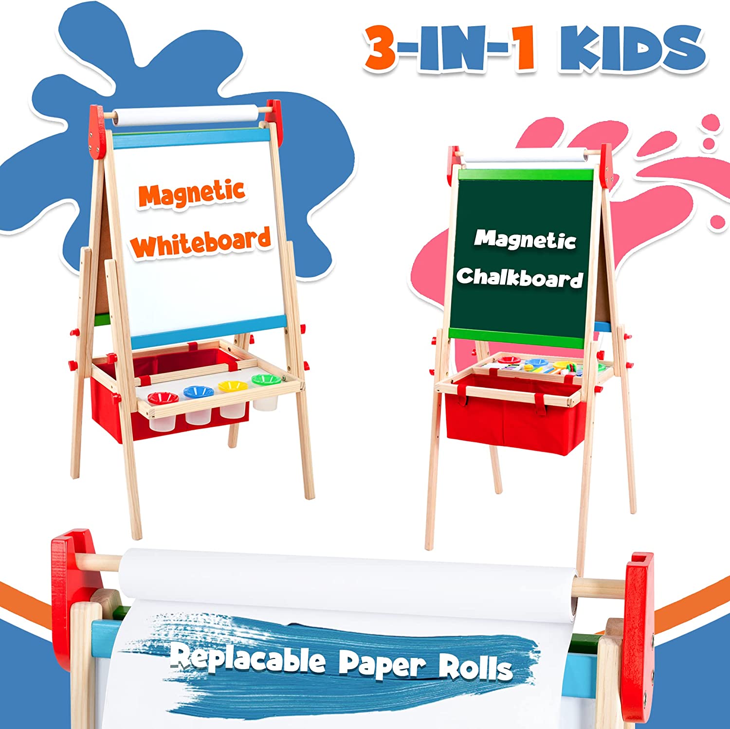 Wooden Kids Easel with Paper Roll and Storage, Art Easel for Kids with