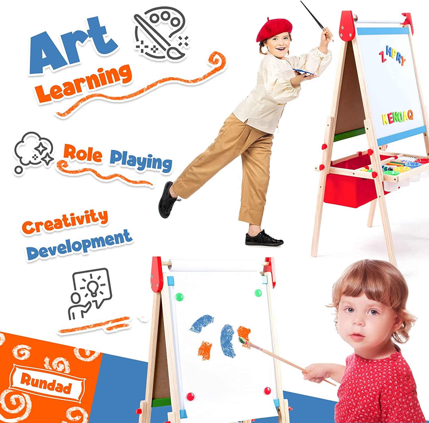 Wooden Art Easel for Kids, Double Sided Kids Easel with Whiteboard &  Chalkboard, Height Adjustable Standing Toddler Easel with Painting  Accessories